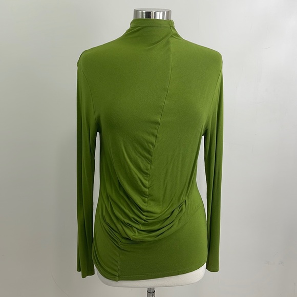 Soft Shirred-Seam Asparagus Draped Mock Neck Ruched Long Sleeve Top - Picture 9 of 16